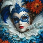 Woman in Blue Masquerade Mask with Floral Accents