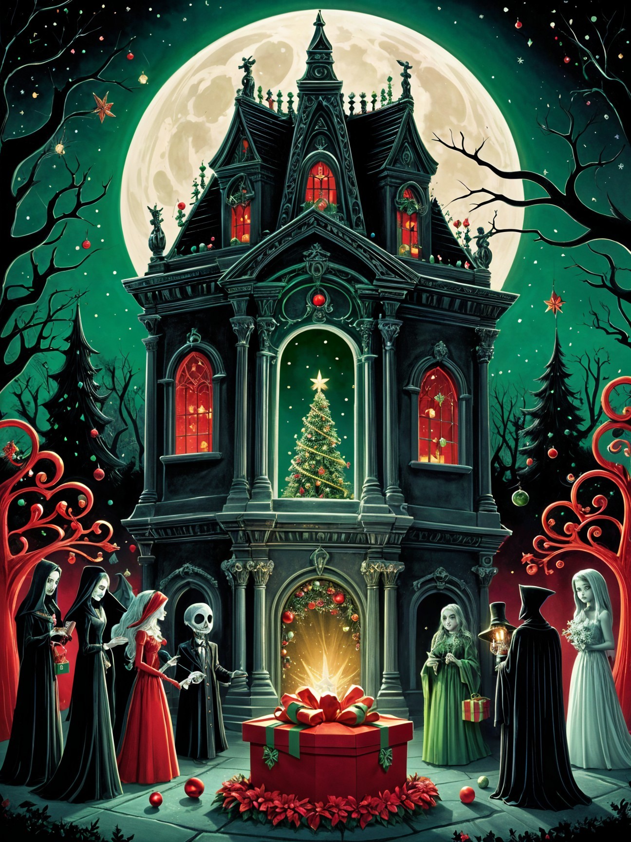 Gothic Mansion with Christmas Tree Under Full Moon
