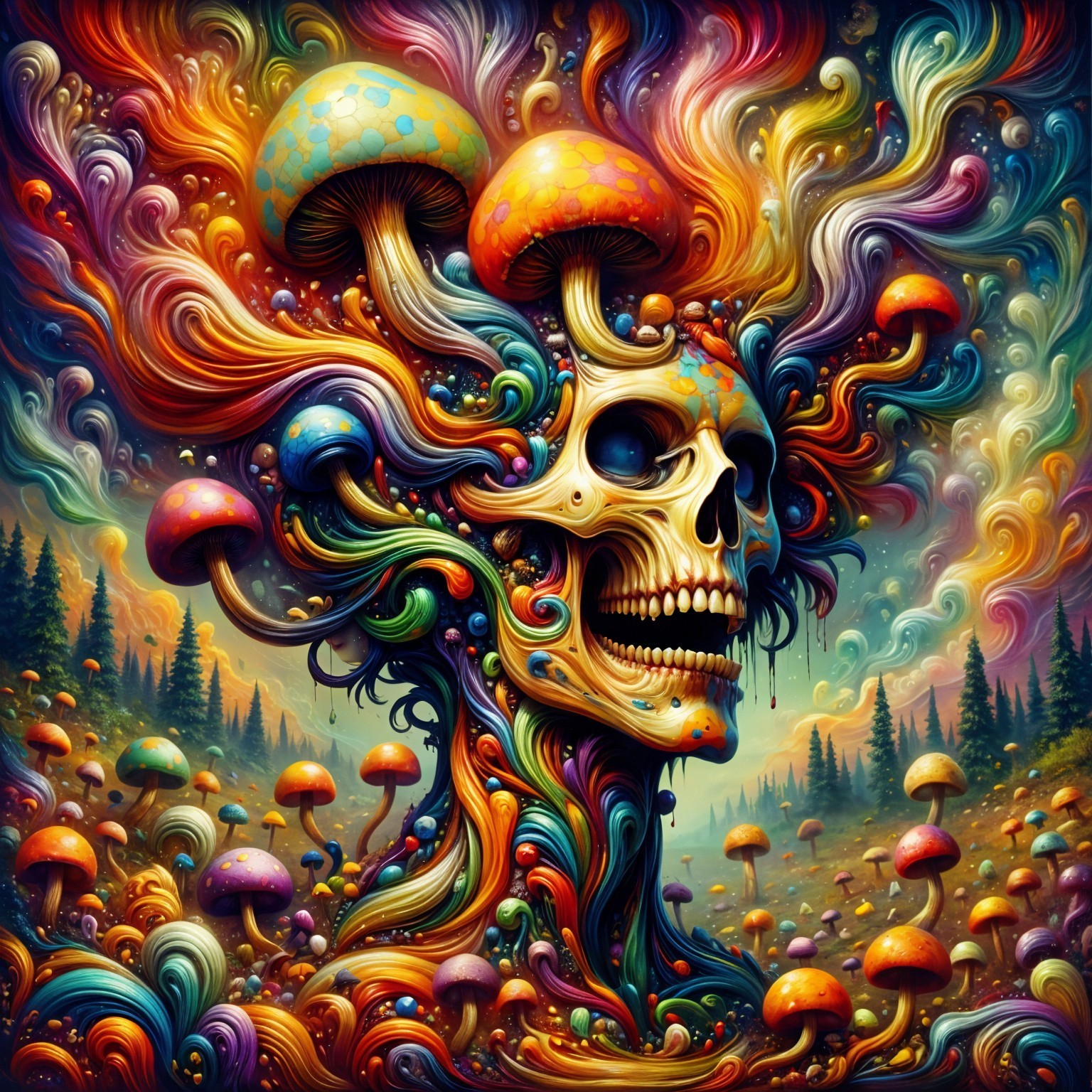 Surreal Skull Illustration with Colorful Mushrooms