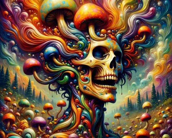 Surreal Skull Illustration with Colorful Mushrooms
