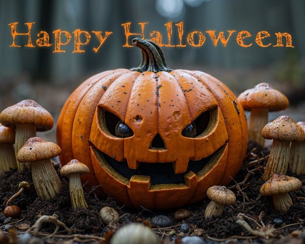 Misty Forest with Jack-o'-Lantern and Mushrooms