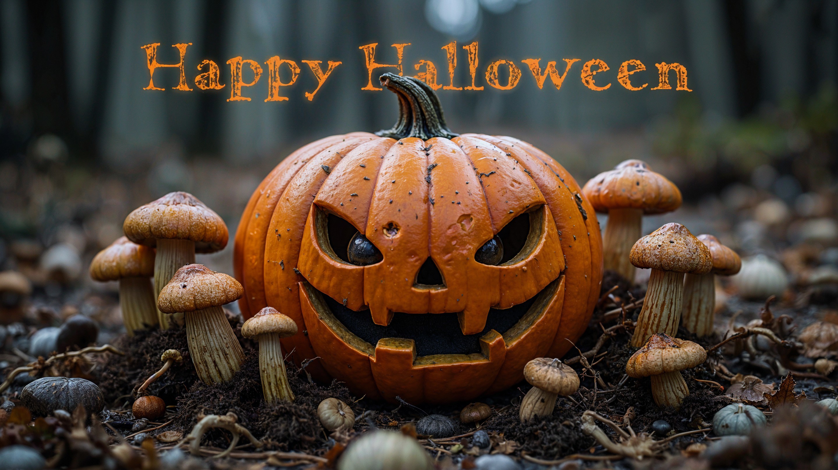 Misty Forest with Jack-o'-Lantern and Mushrooms