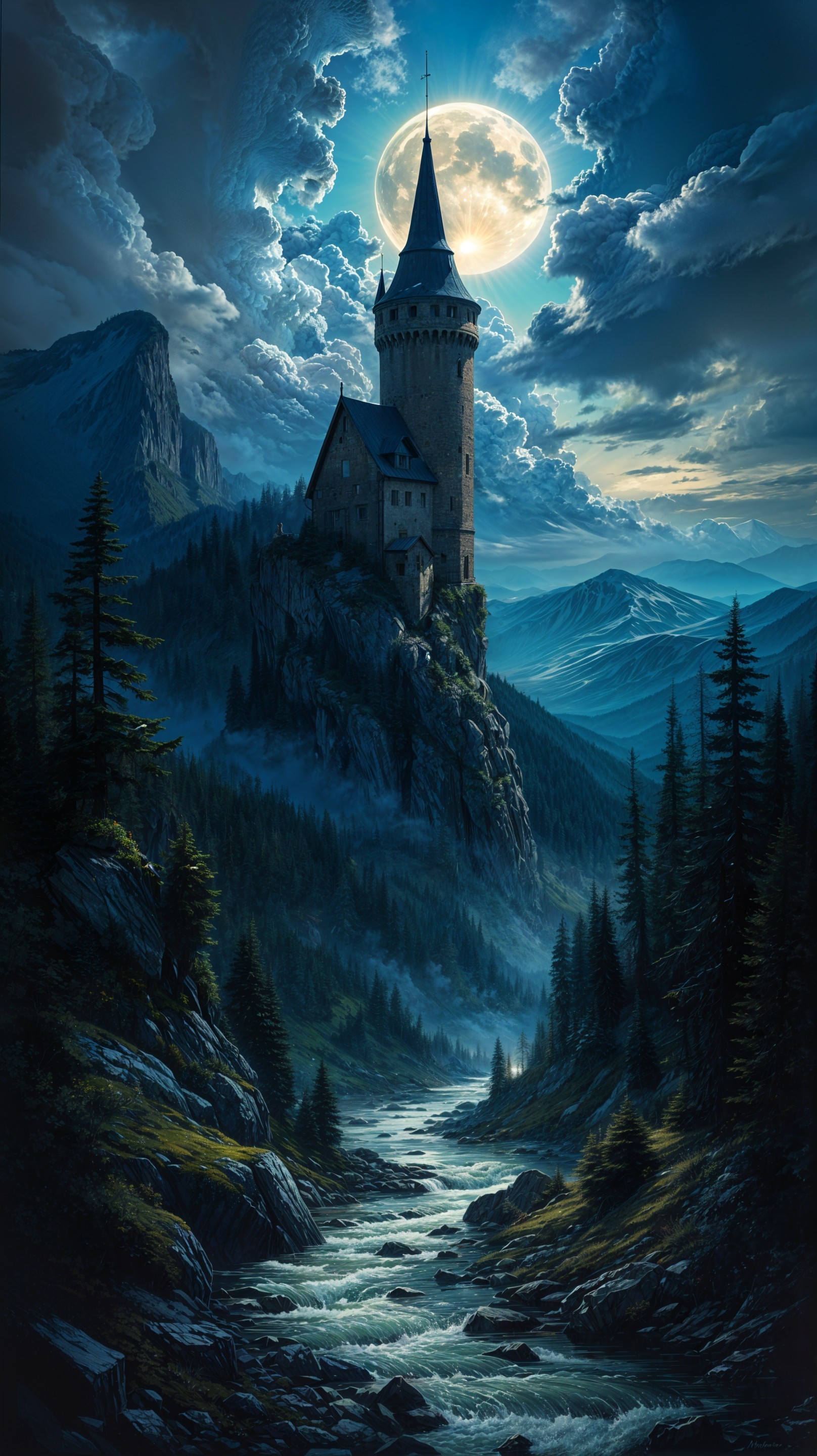 Castle on Cliff Under Moonlight with Scenic River