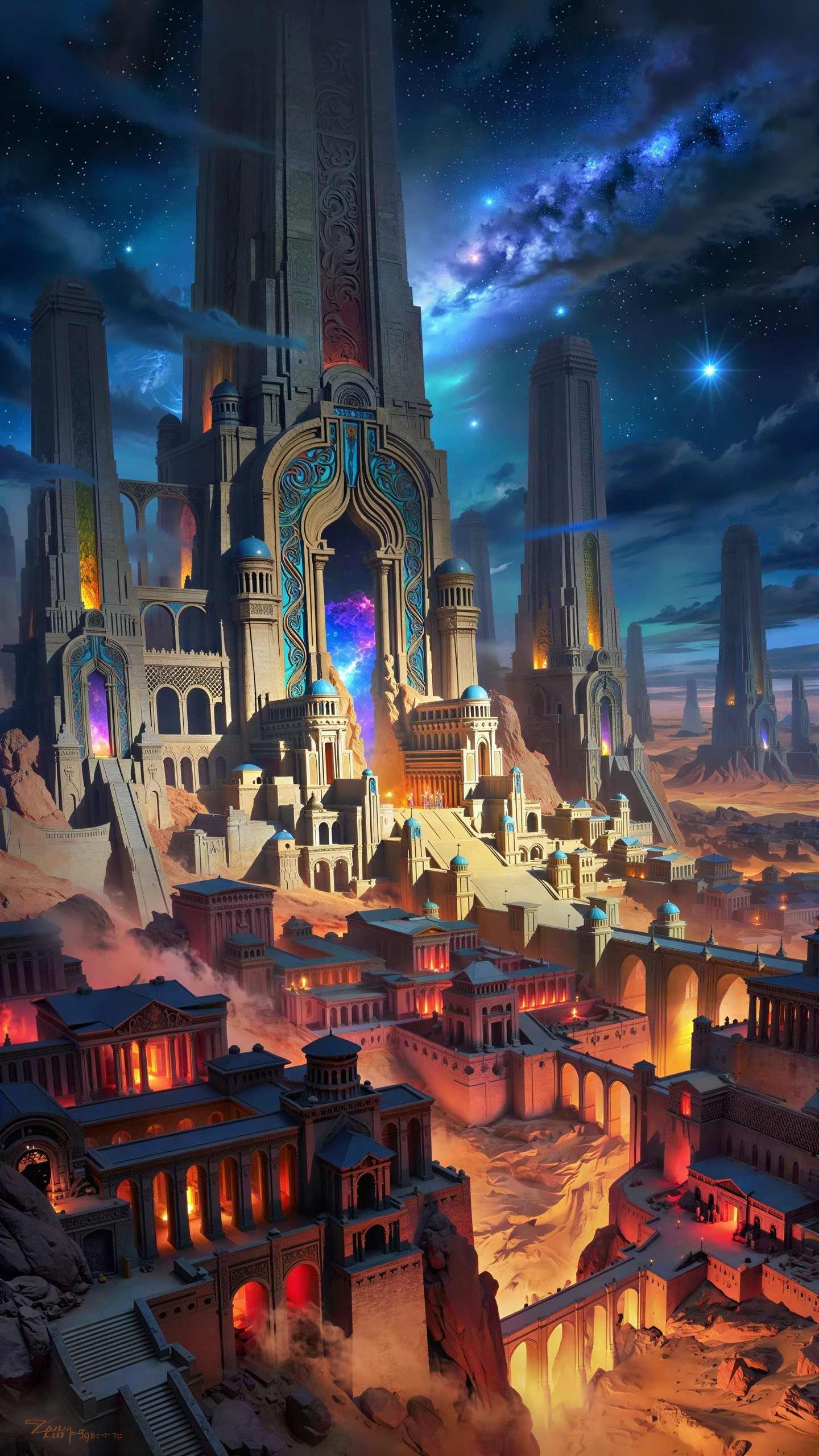 Desert City with Spires and Energy Portals at Night