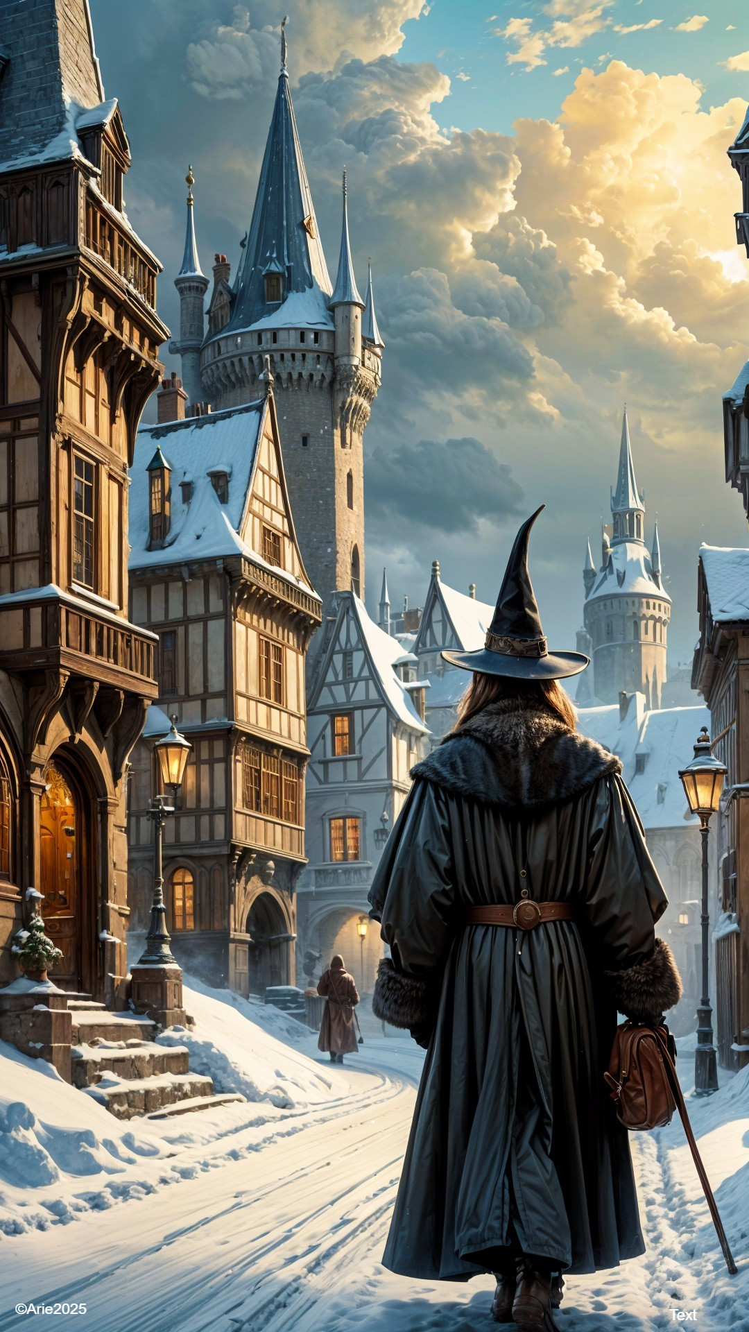 Cloaked Figure Walking in Medieval Snowy Town