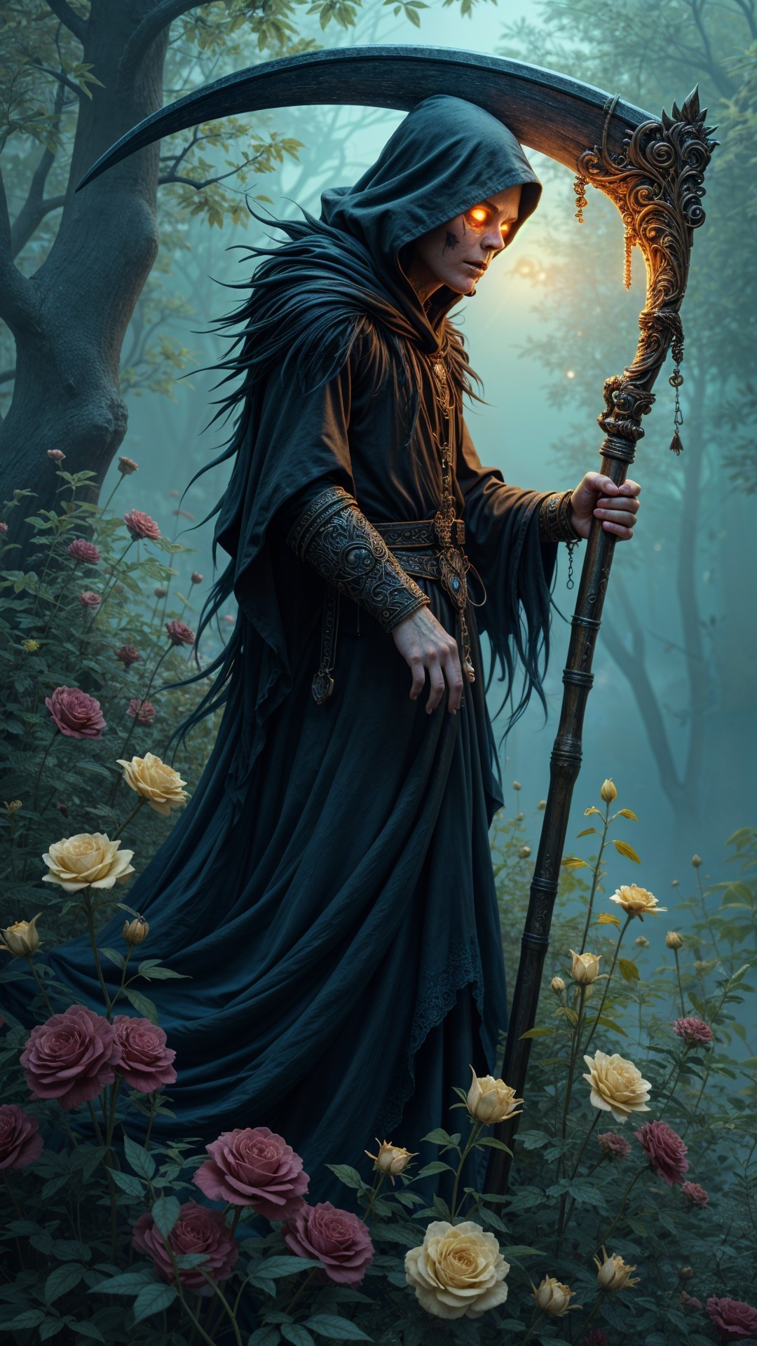 Cloaked Figure in Mystical Forest with Roses and Staff