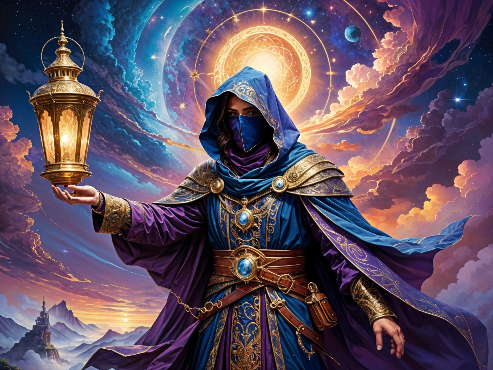 Cloaked Figure with Lantern in Cosmic Landscape
