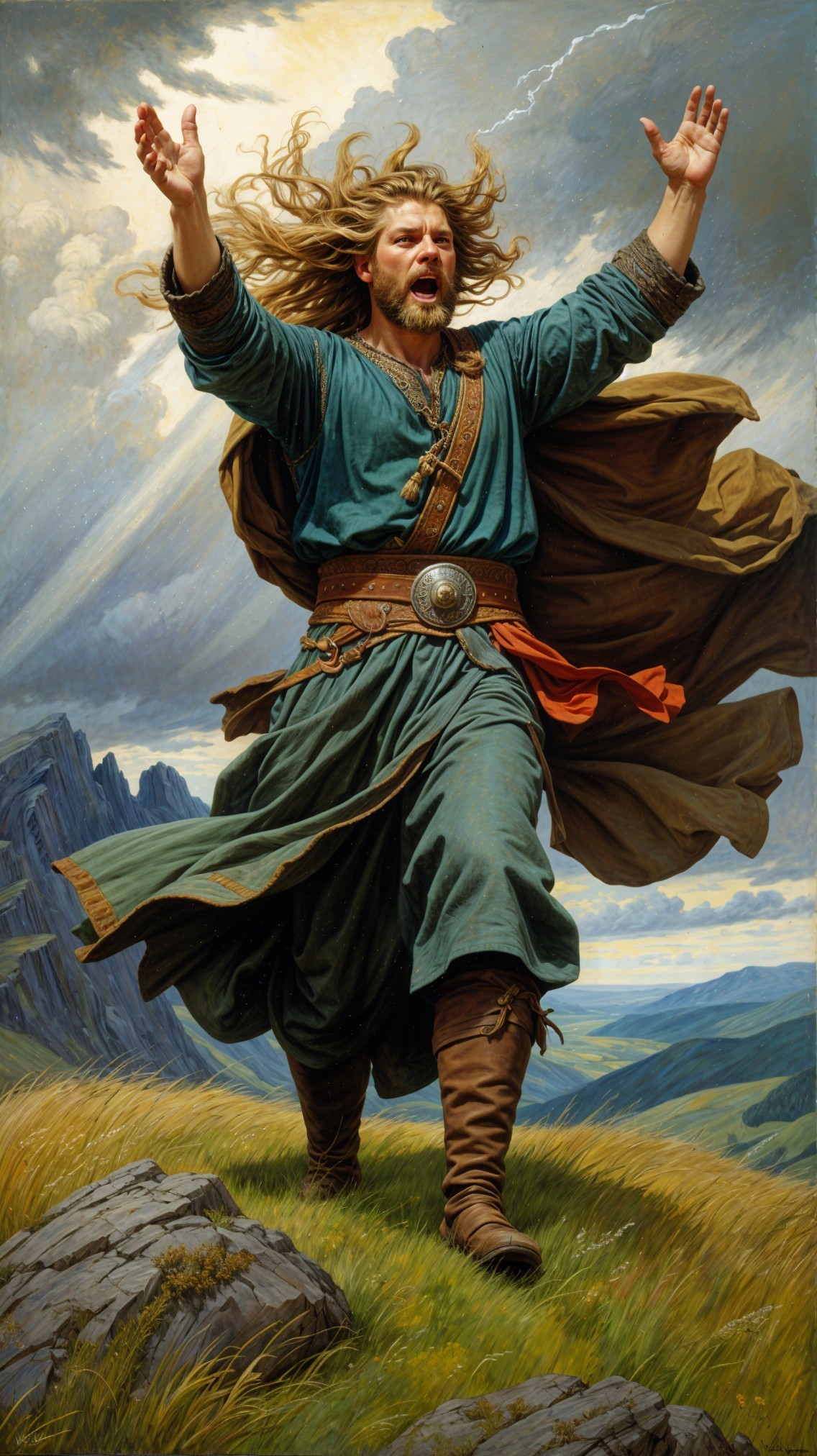 Heroic figure on grassy hill with dramatic sky