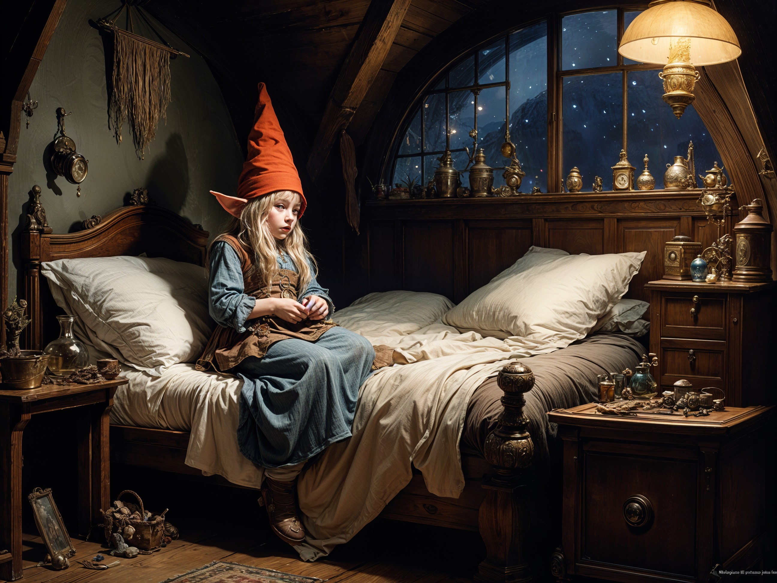 Cozy Room with Girl in Red Hat and Moonlit Sky