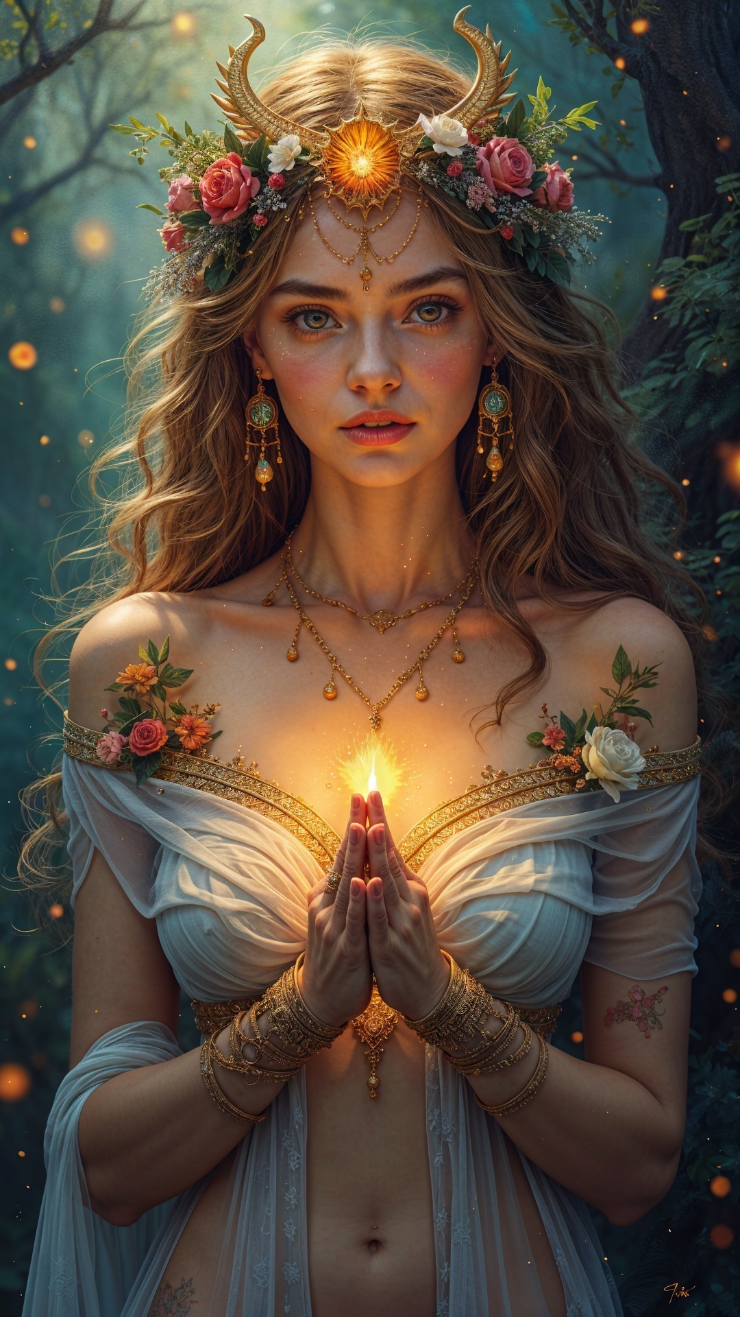 Mystical figure in enchanting forest with floral crown