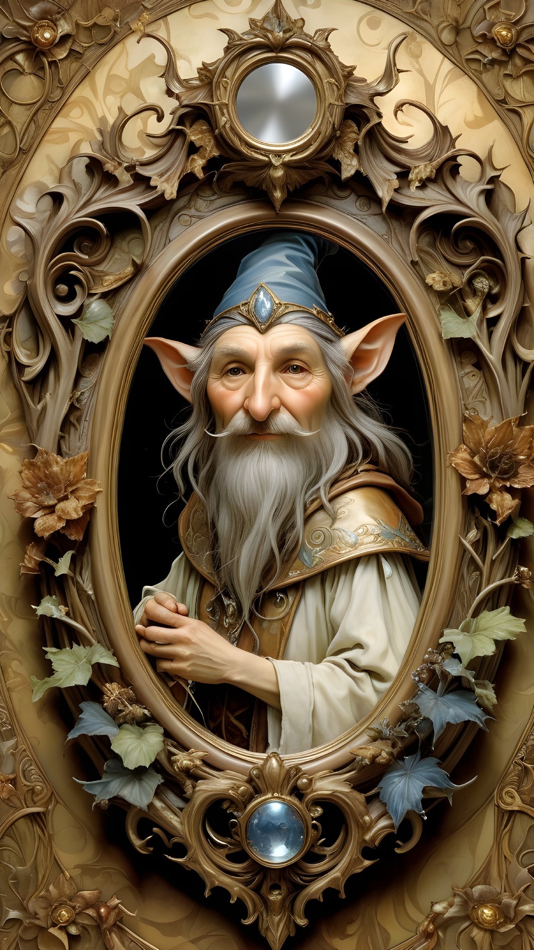 Gnome wizard in ornate frame with floral designs