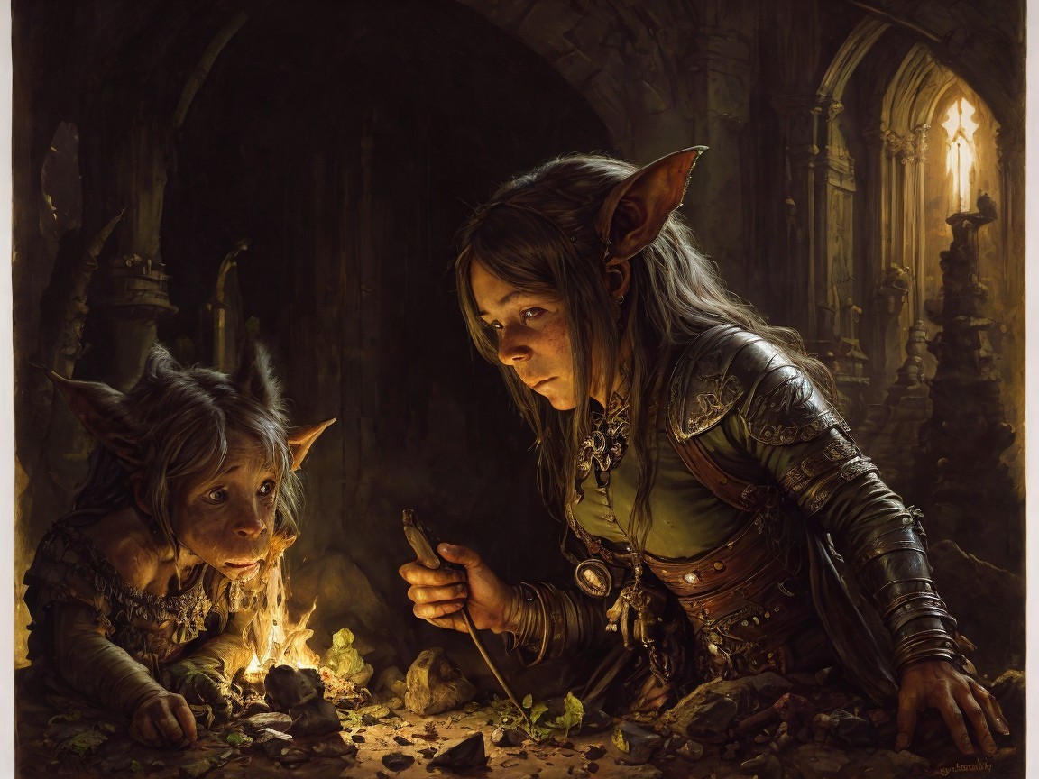 Goblin-like Characters in Ancient Chamber with Glowing Stone