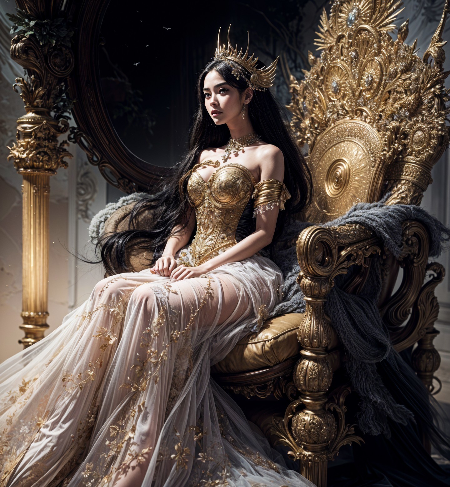 Regal Figure on Lavish Golden Throne with Elegant Backdrop