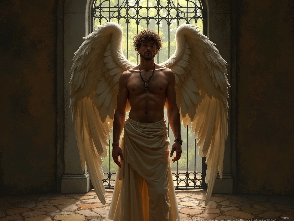 Muscular Figure with Wings in Serene Toga Setting
