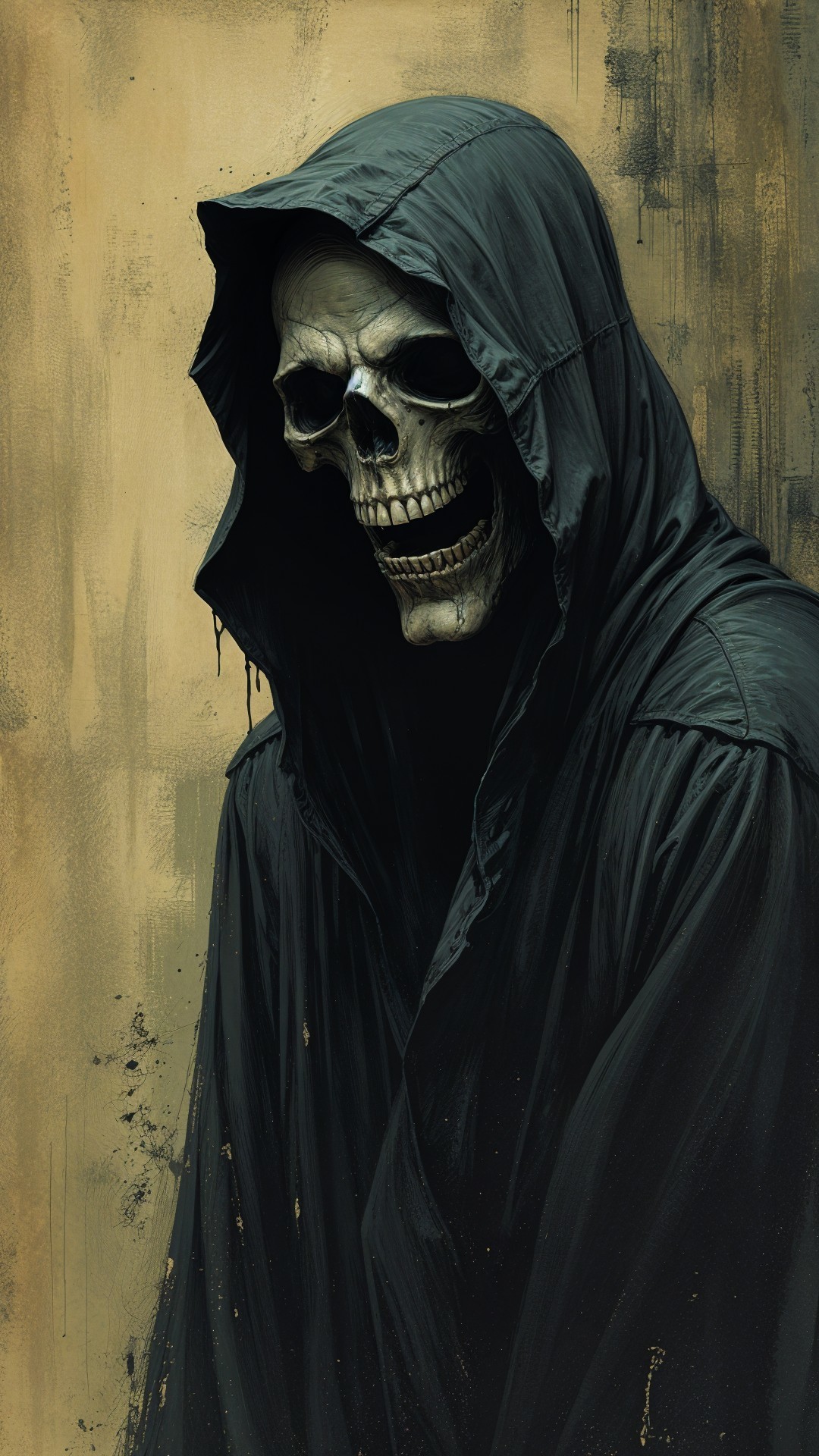 Sinister skeletal figure in dark hooded robe