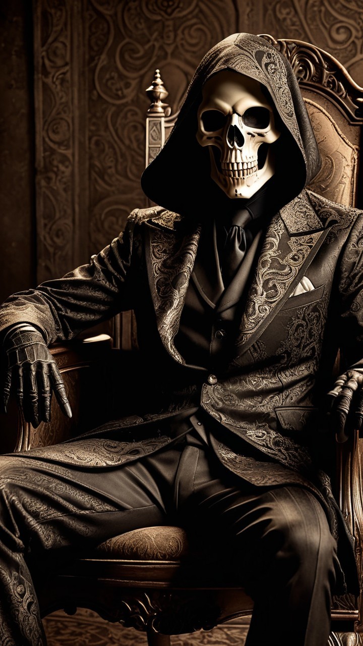 Stylish Figure in Ornate Chair with Macabre Elements