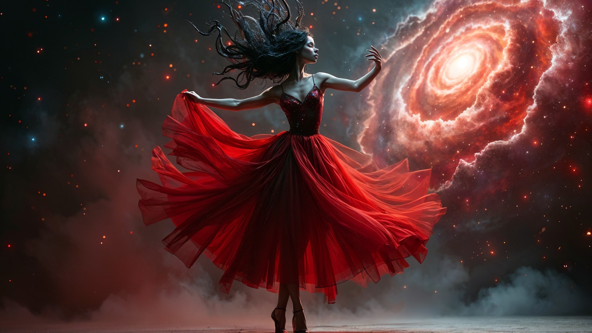 Dancer in Red Gown Against Cosmic Galaxy Background