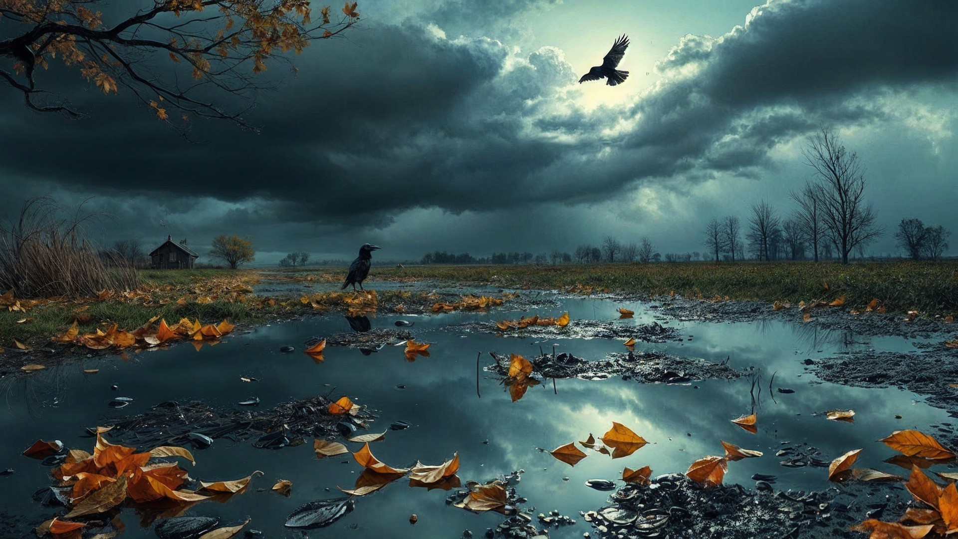 Serene Landscape with Dramatic Clouds and Autumn Leaves