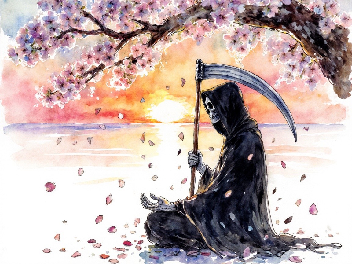 Cloaked Figure Under Cherry Tree at Sunset