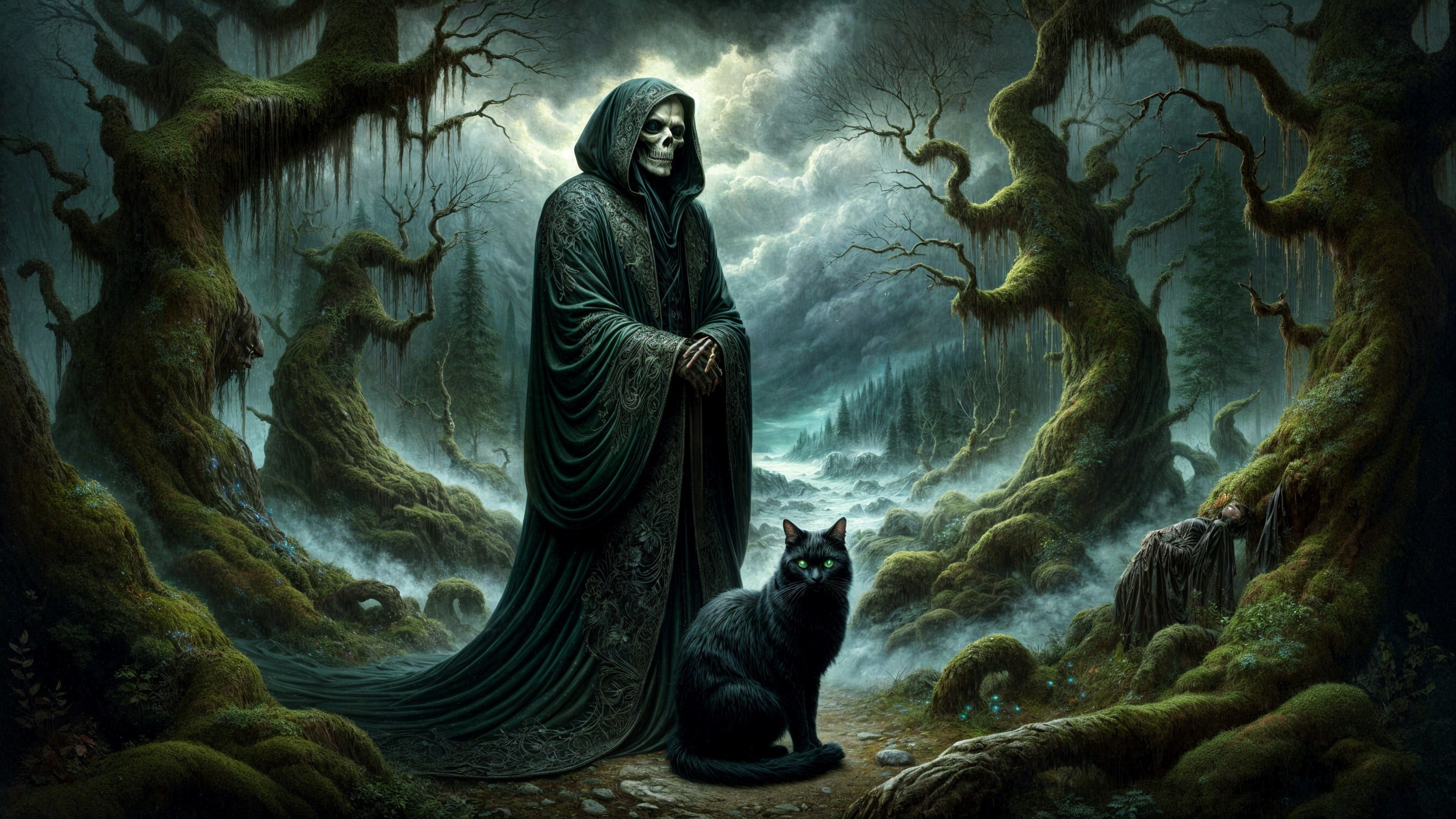 Cloaked Figure and Cat in a Mystical Forest Scene