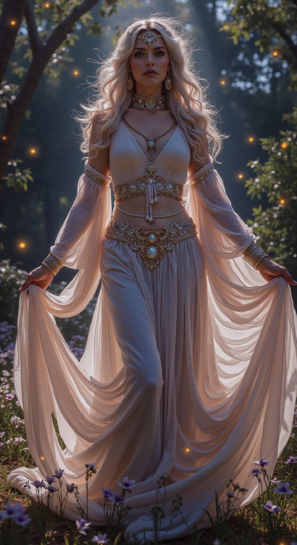 Mystical Figure in Ethereal Garments in Forest