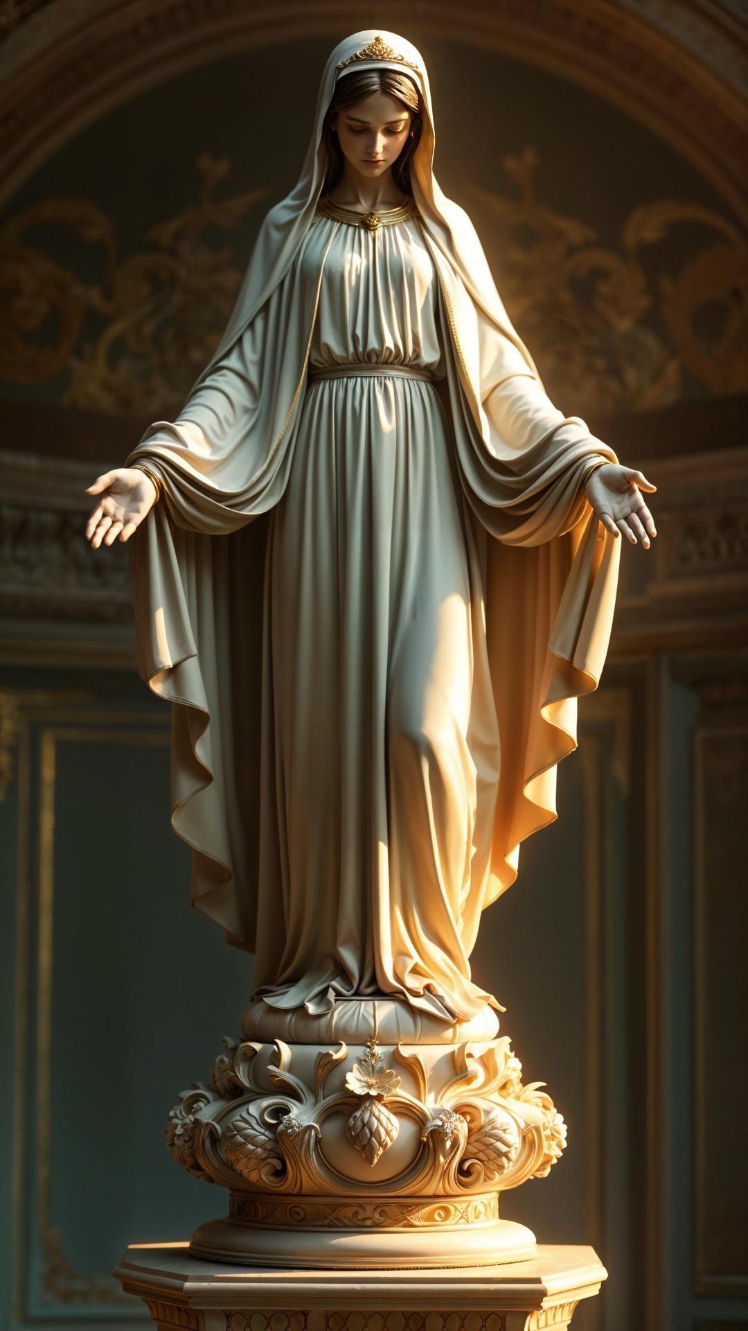 Statue of Virgin Mary on Intricate Pedestal Display