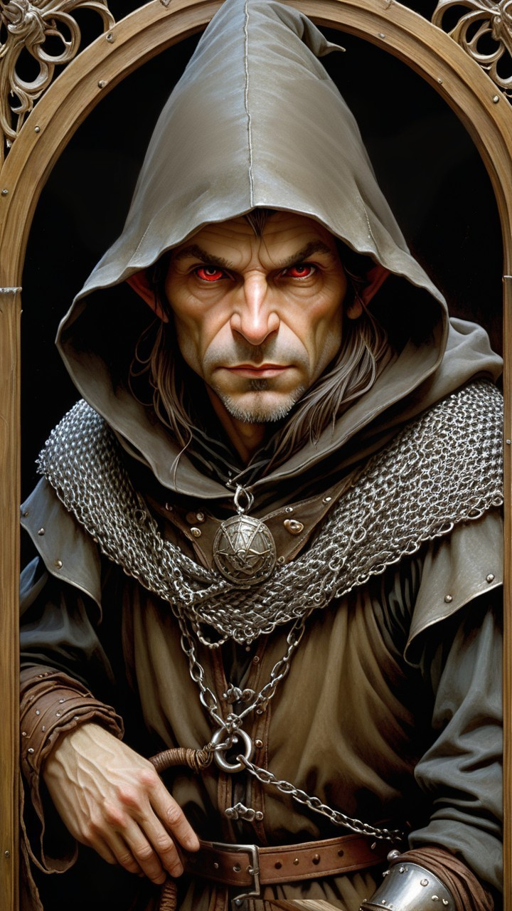 Mysterious Hooded Figure with Red Eyes and Chainmail