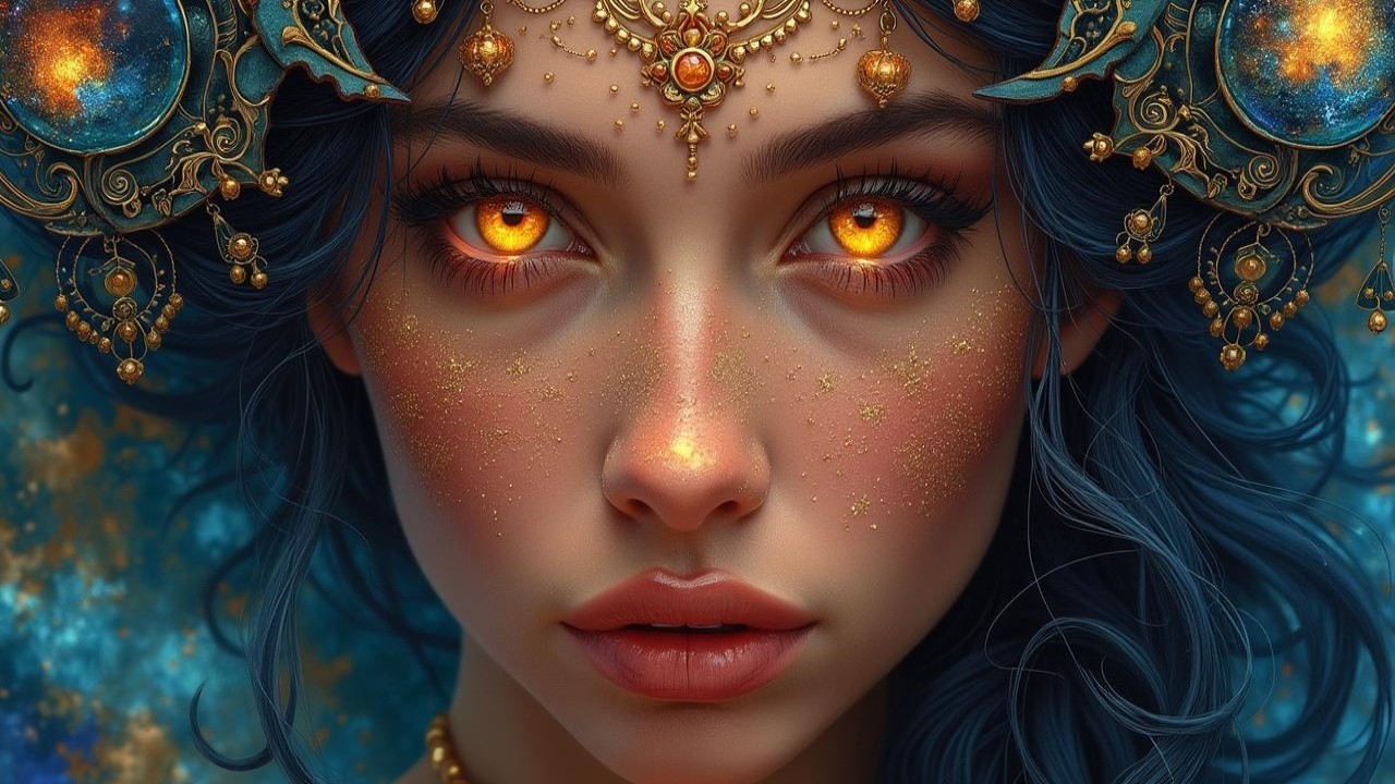 Portrait of a Young Woman with Blue Hair and Golden Accents