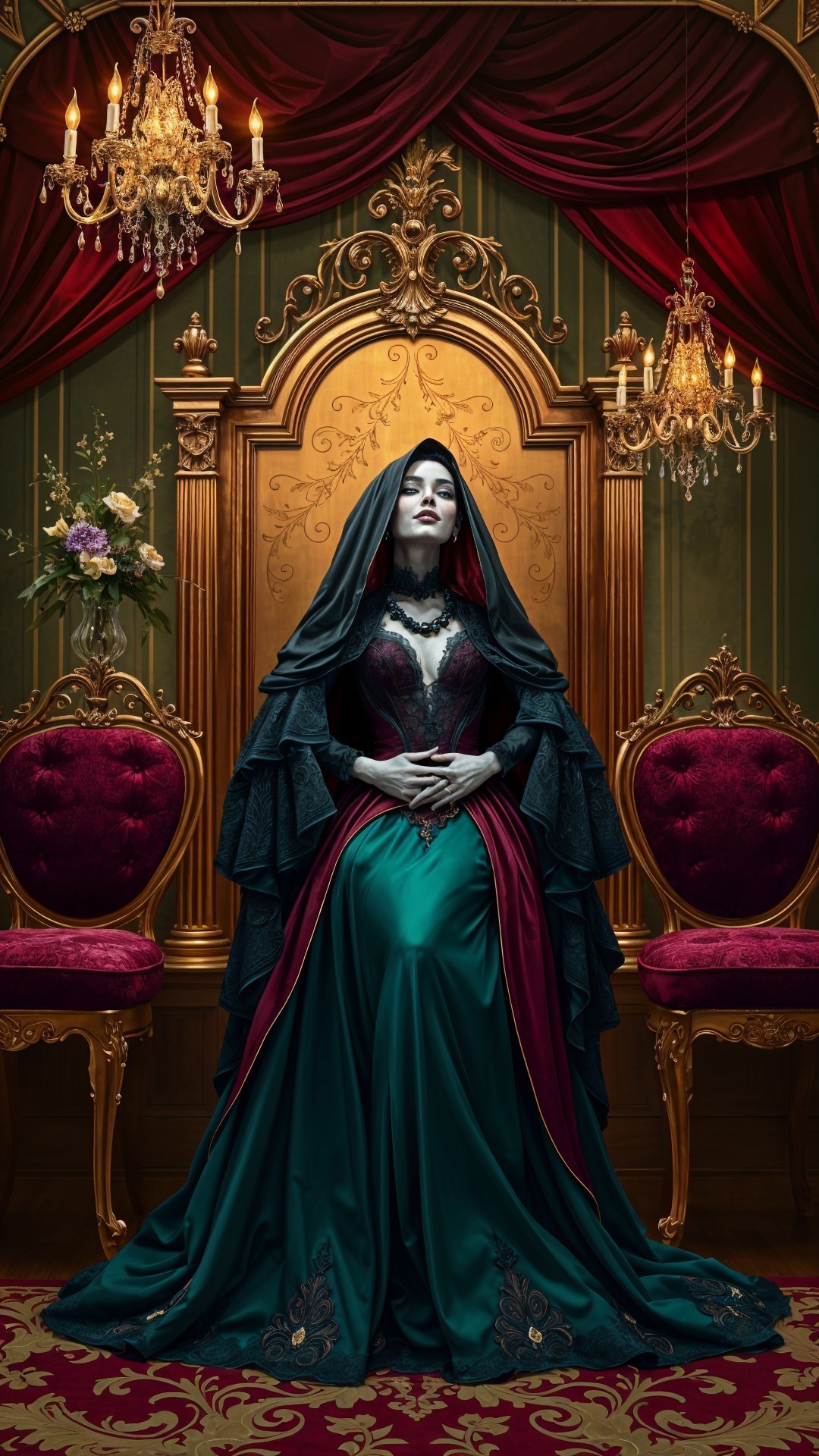 Regal figure on an ornate throne in gothic setting