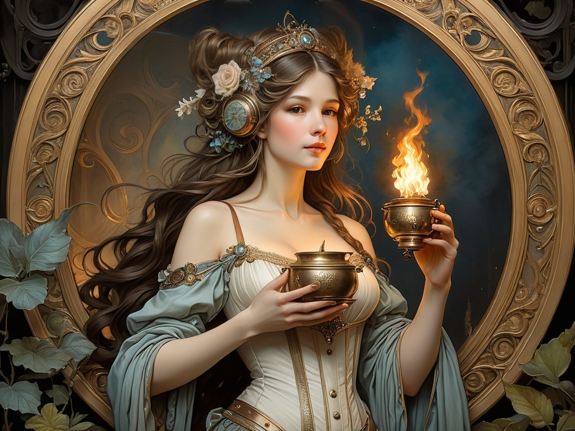 Young Woman with Bowls in Fantasy Setting