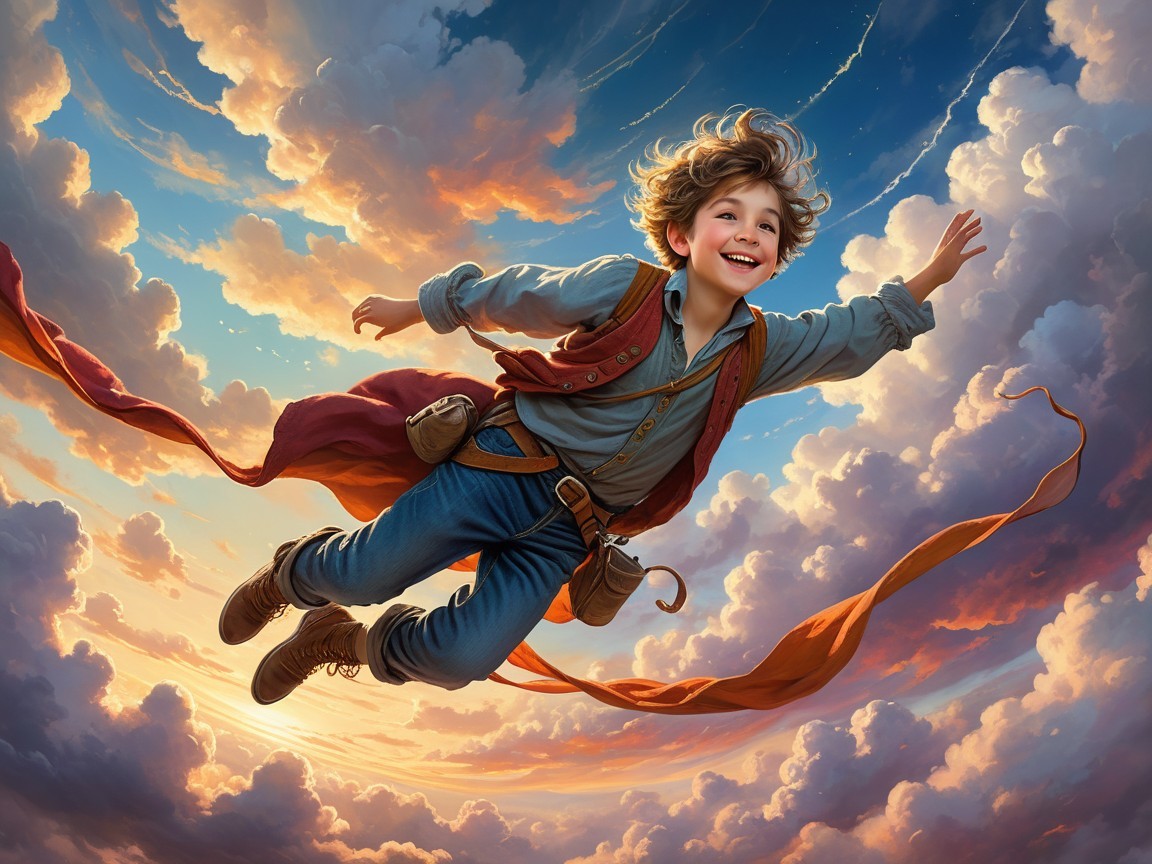 Boy with tousled hair flying in a colorful sky