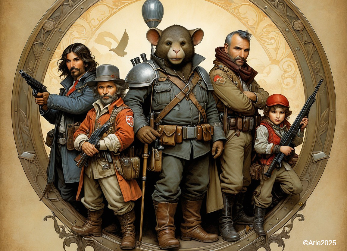 Diverse Group in Circular Frame with Military Bear Leader