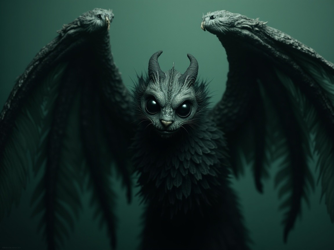 Fantastical Creature with Three Heads and Raven Wings
