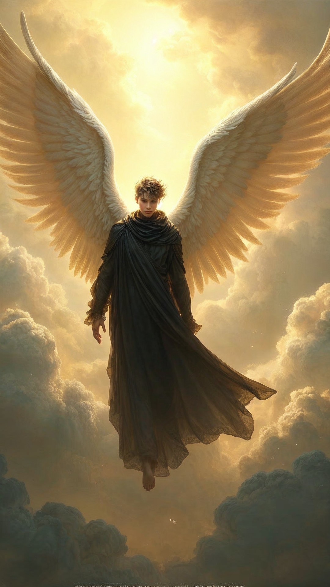 Celestial Figure with Ethereal Wings in Golden Clouds