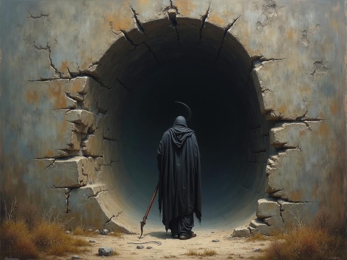 Cloaked Figure at Dark Tunnel Entrance with Sparse Vegetation