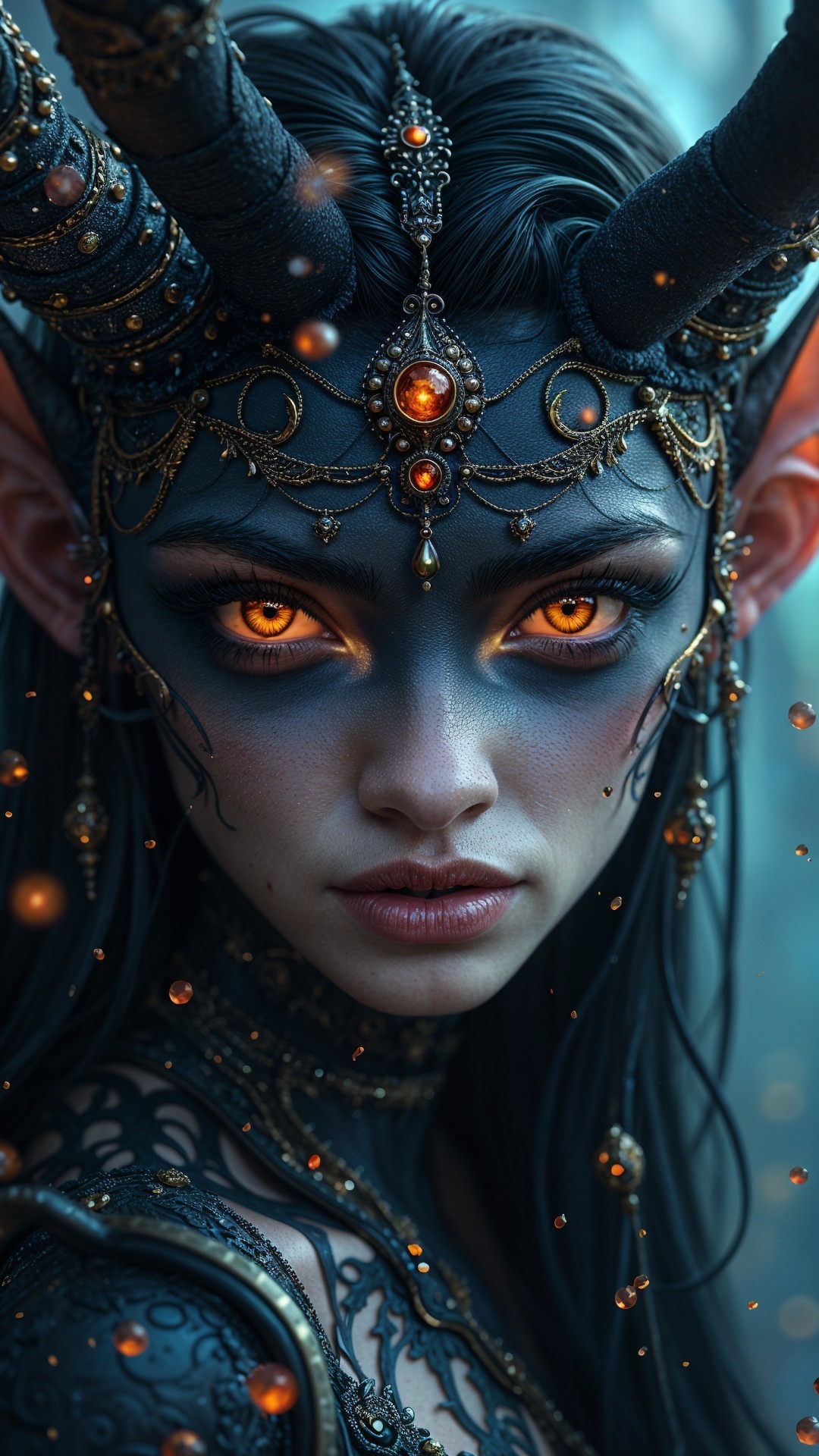 Mystical Figure with Dark Hair and Ornate Horns