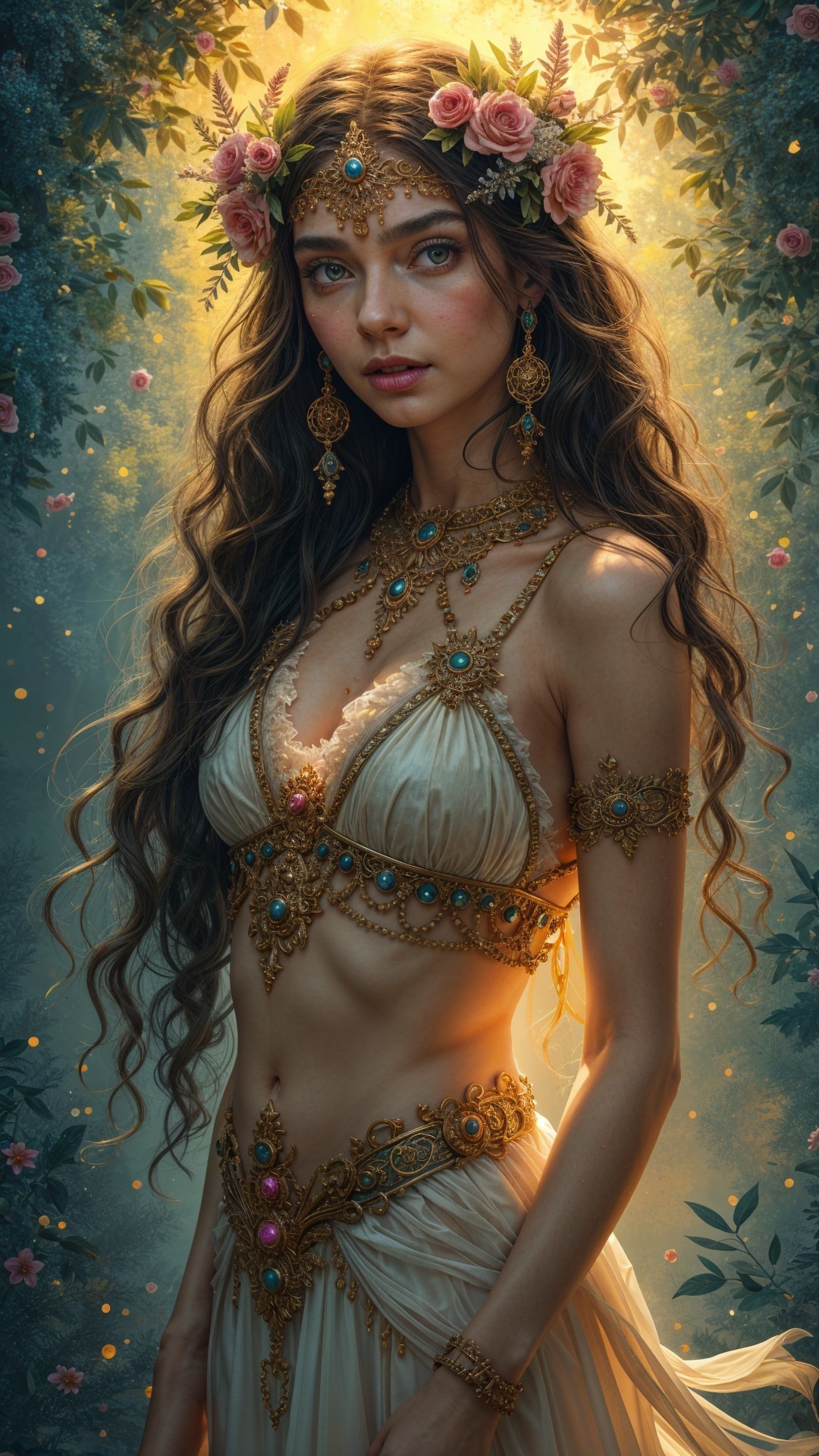 Elegant Woman with Floral Adornments and Jewelry