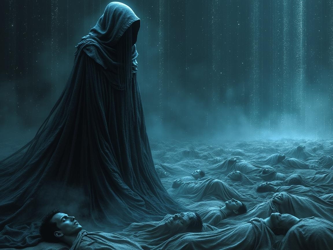 Cloaked Figure Over Motionless Forms in Misty Scene