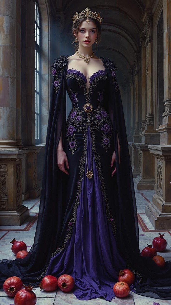 Elegant woman in black and purple gown with crown