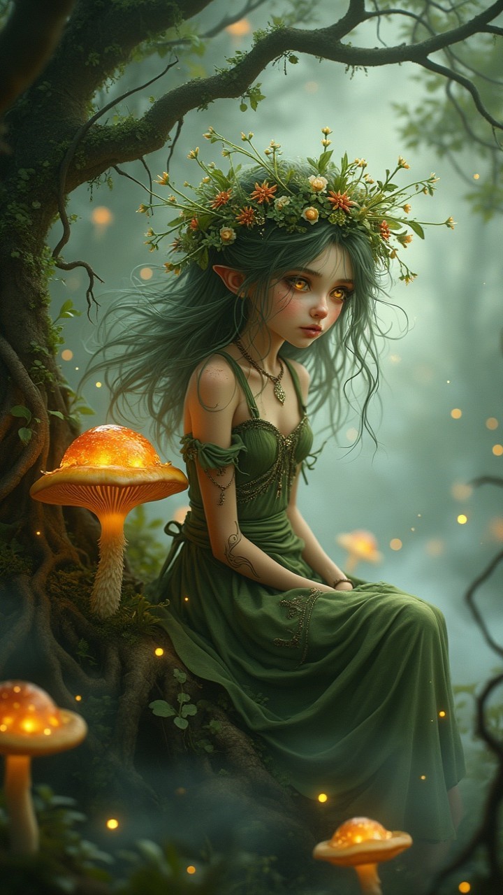 Fairy in a Mystical Forest with Glowing Mushrooms