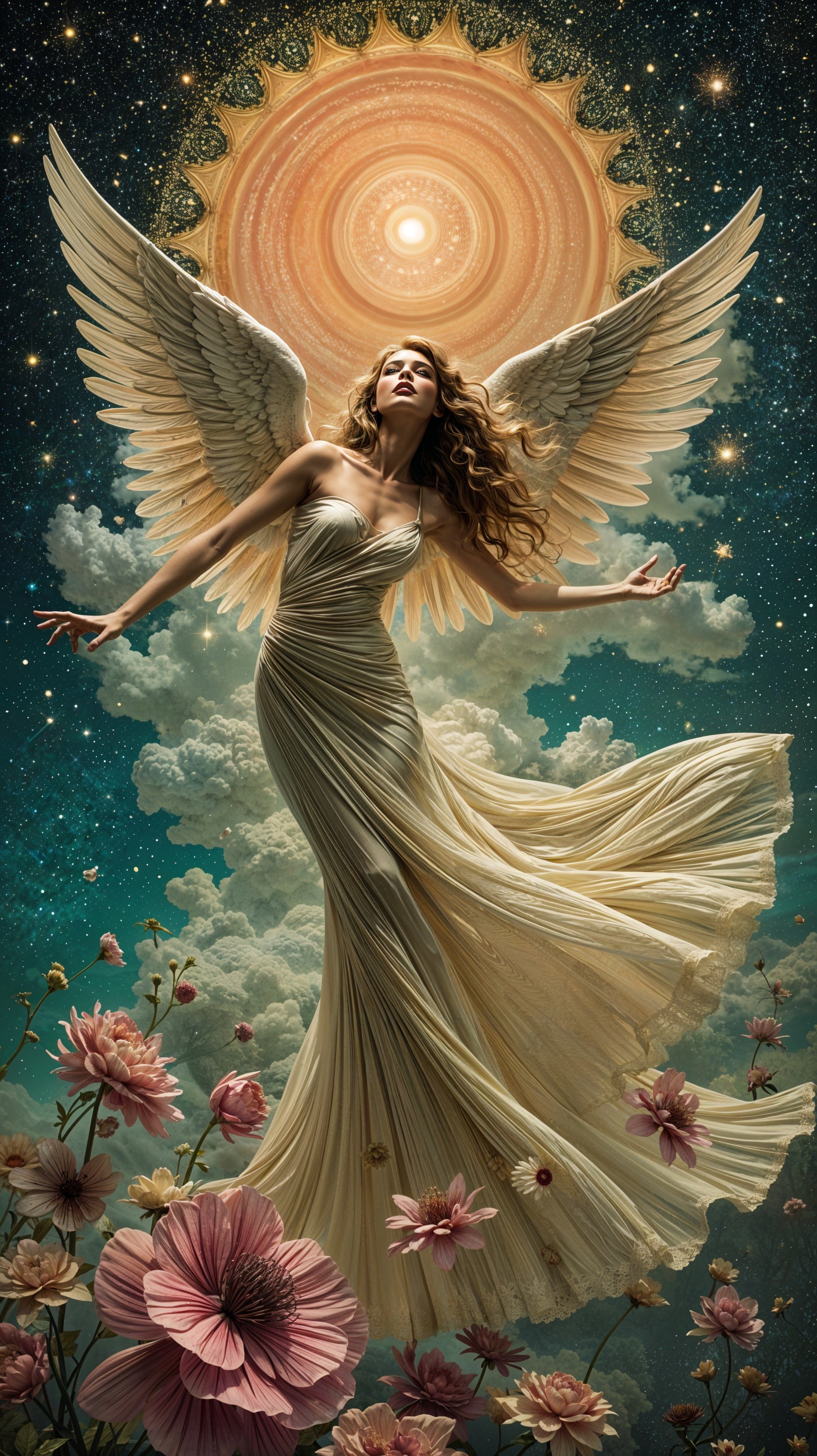 Celestial figure with wings in a vibrant floral scene