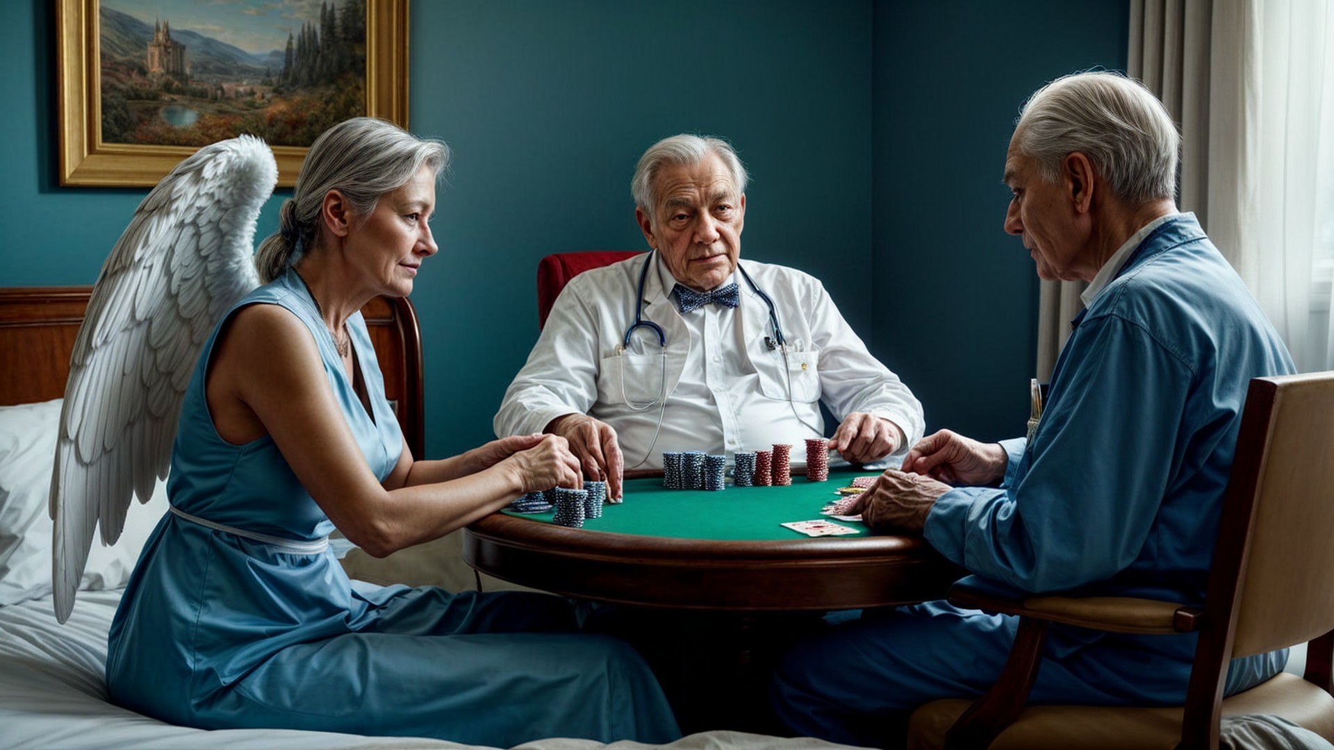 Poker Game in a Softly Lit Room with Unique Figures
