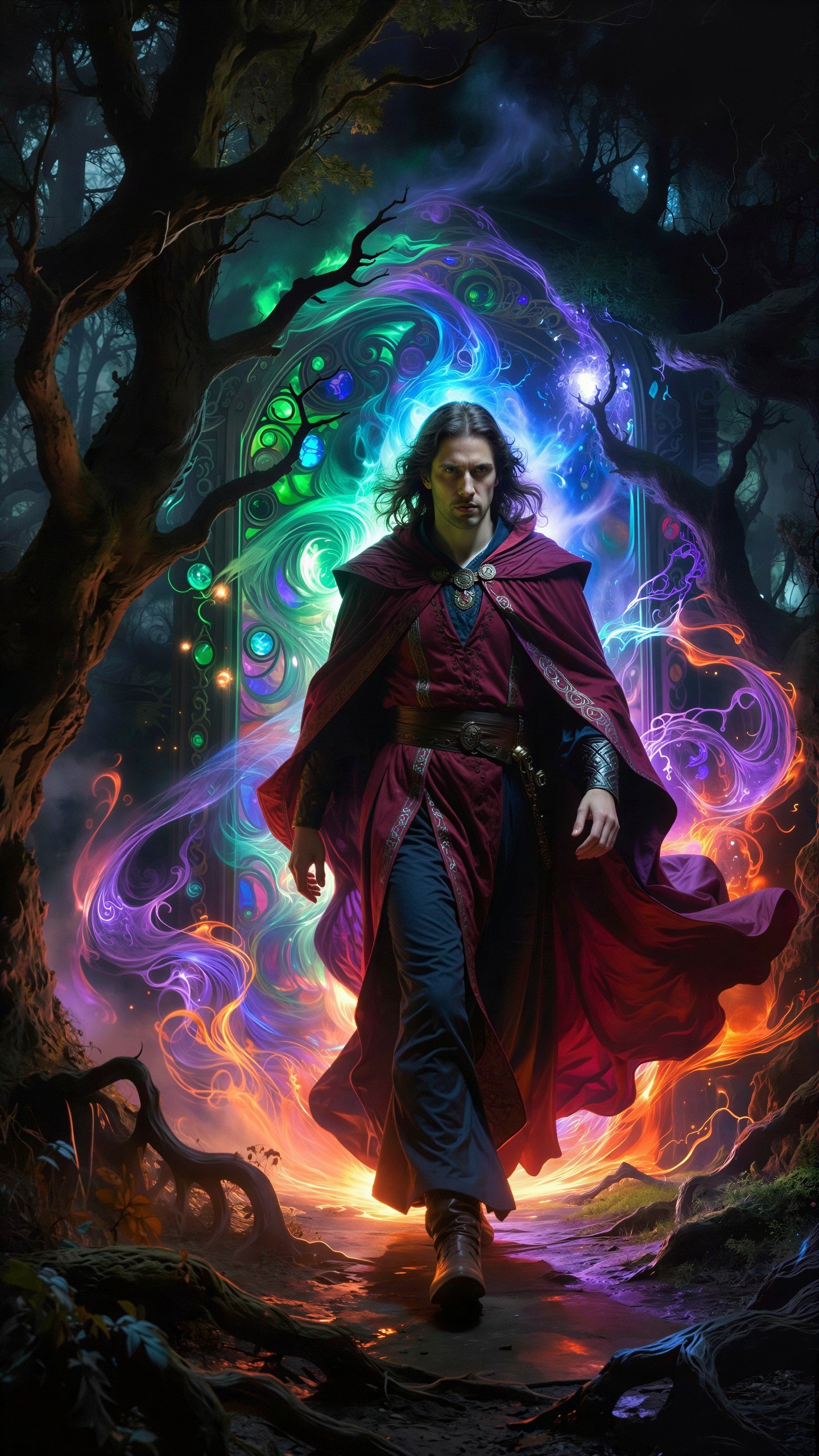 Male sorcerer in mystical forest with glowing portal