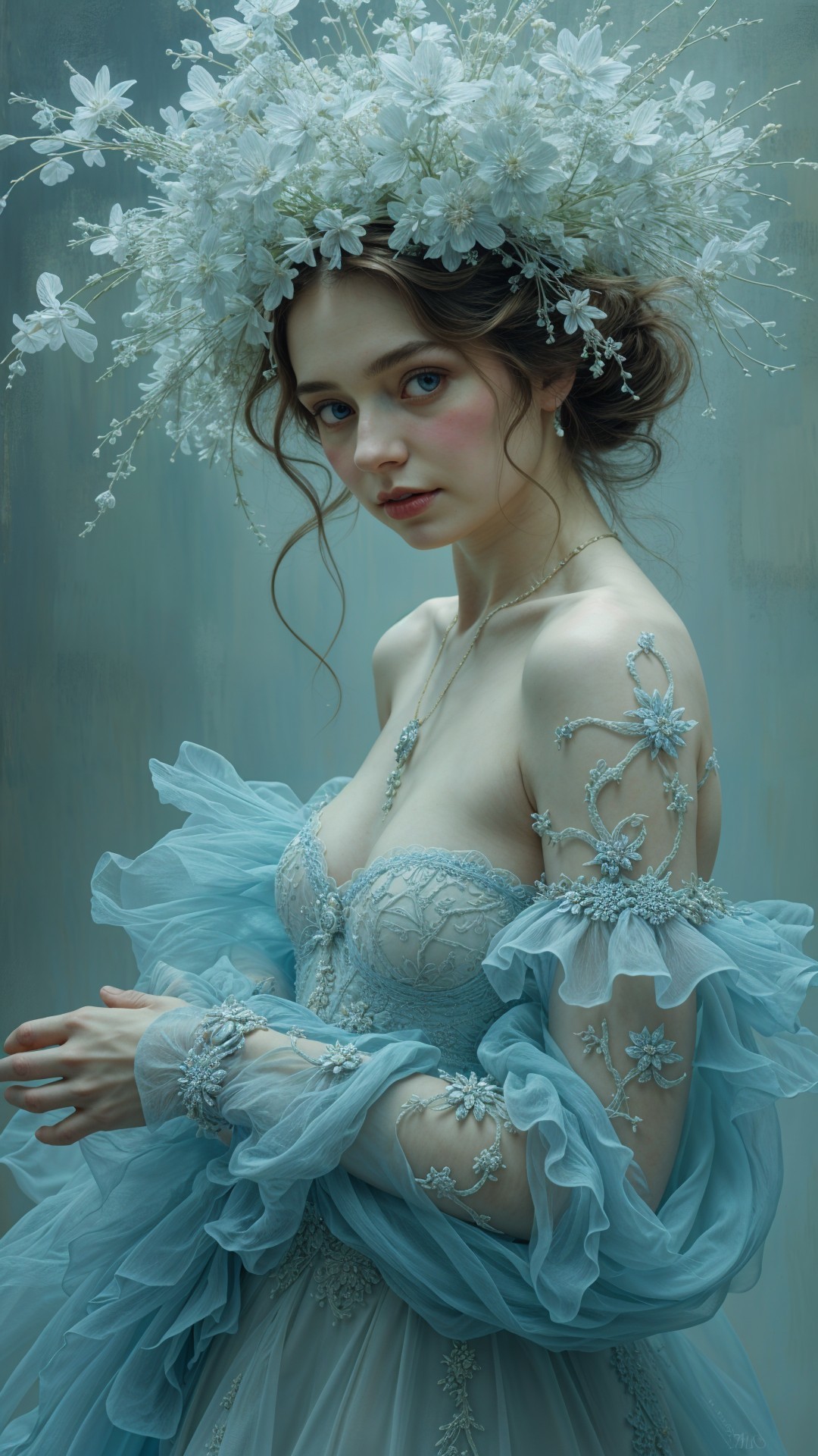 Young woman in light blue gown with floral embroidery