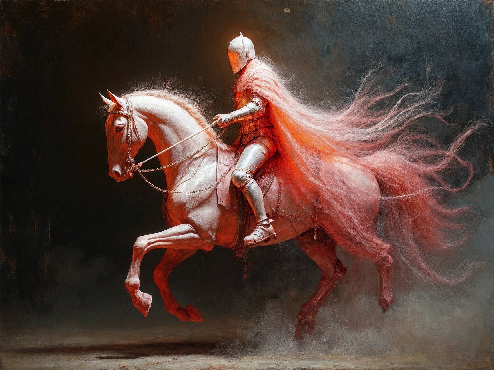 Knight in Silver Armor on White Horse with Red Cape