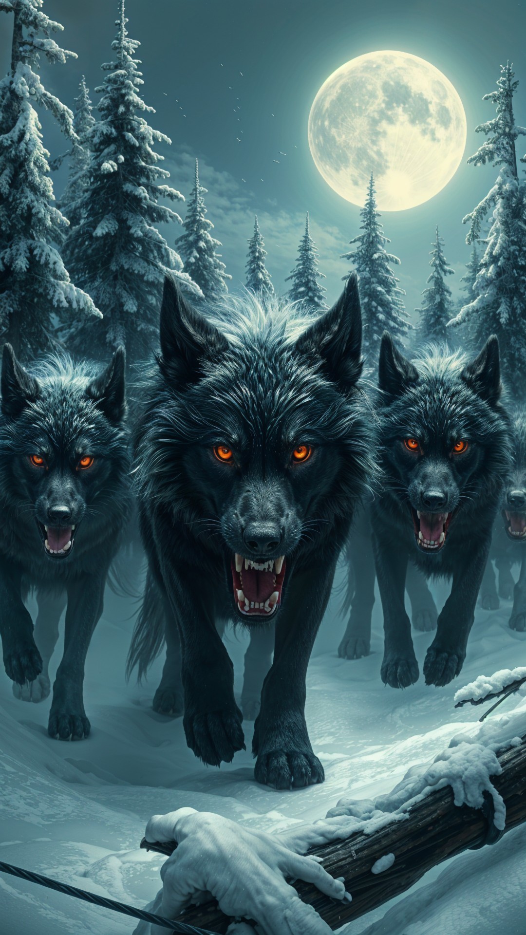 Winter Landscape with Wolves in Moonlight