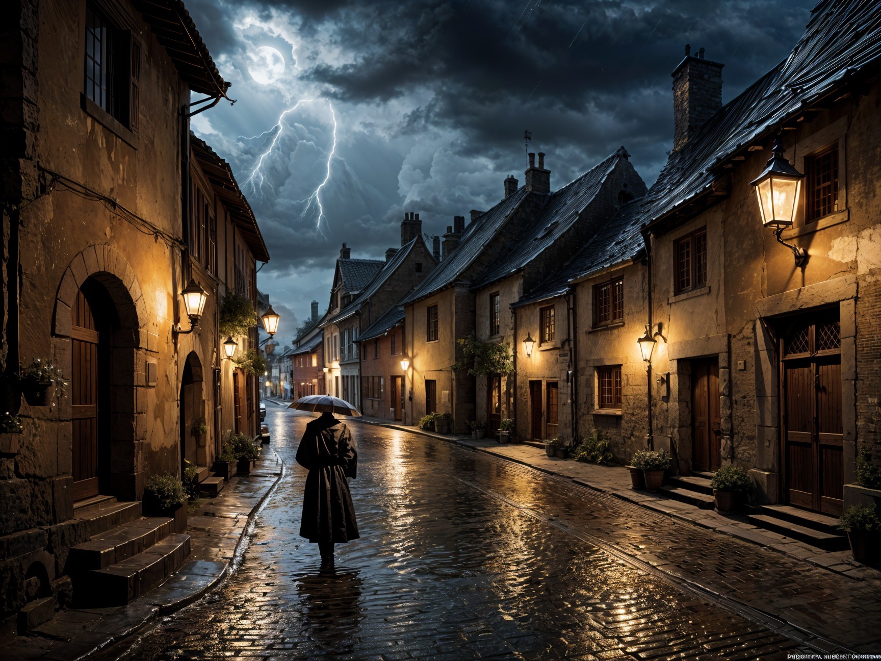 Dimly Lit Cobblestone Street Under Stormy Sky