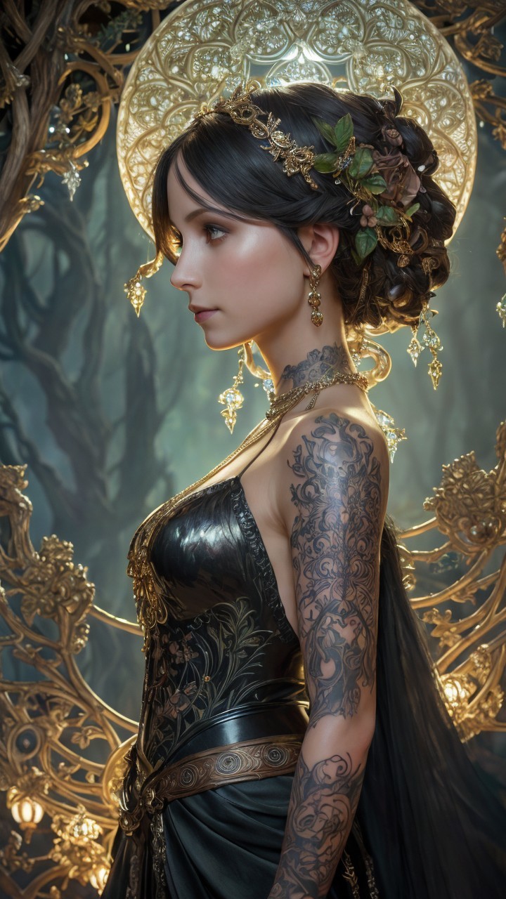 Elegant Woman in Dark Gown with Intricate Tattoos
