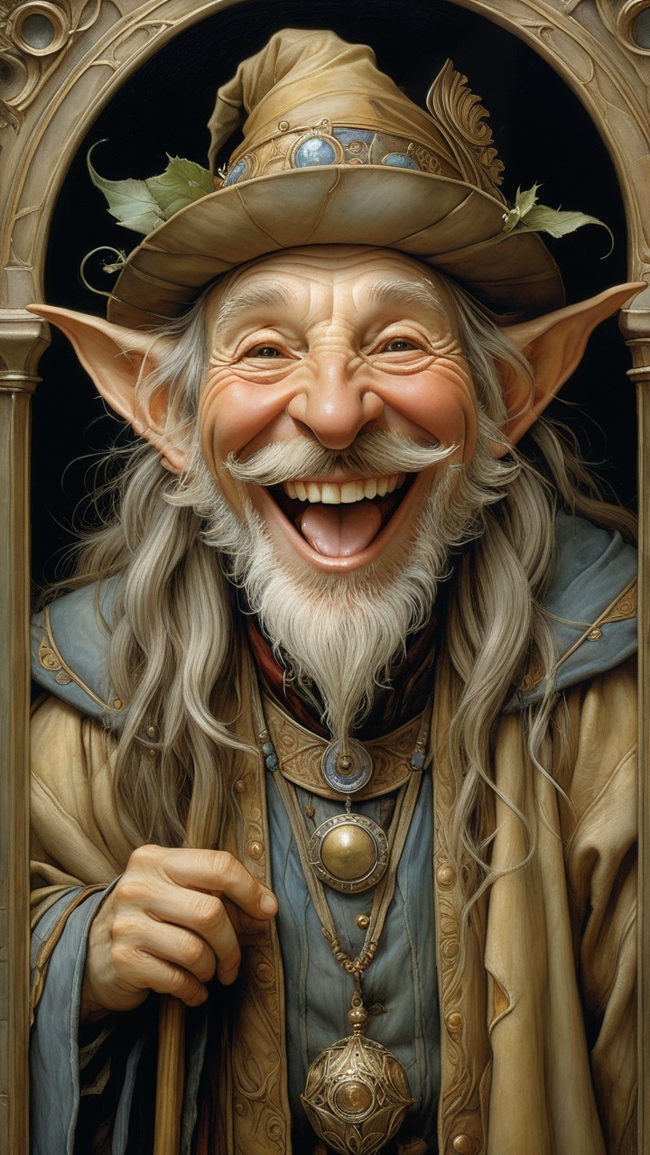 Elderly wizard with gray hair and whimsical attire