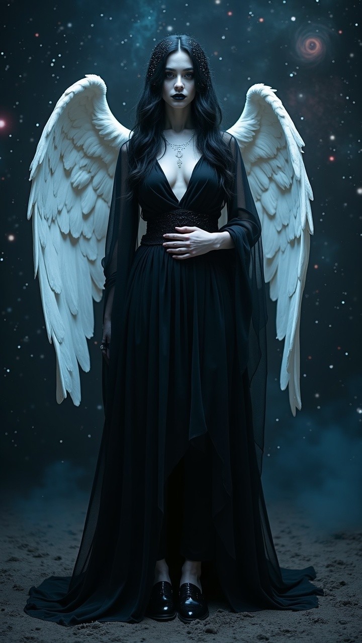 Mysterious Figure with Cosmic Backdrop and Wings